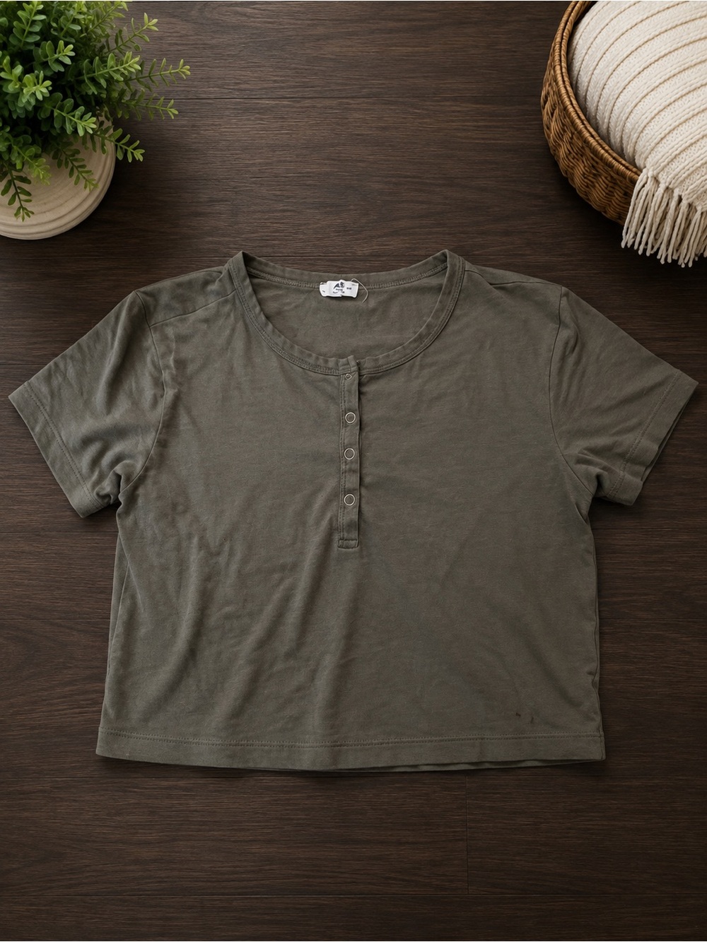 Ardene Olive Green Short-Sleeve Henley Crop Top